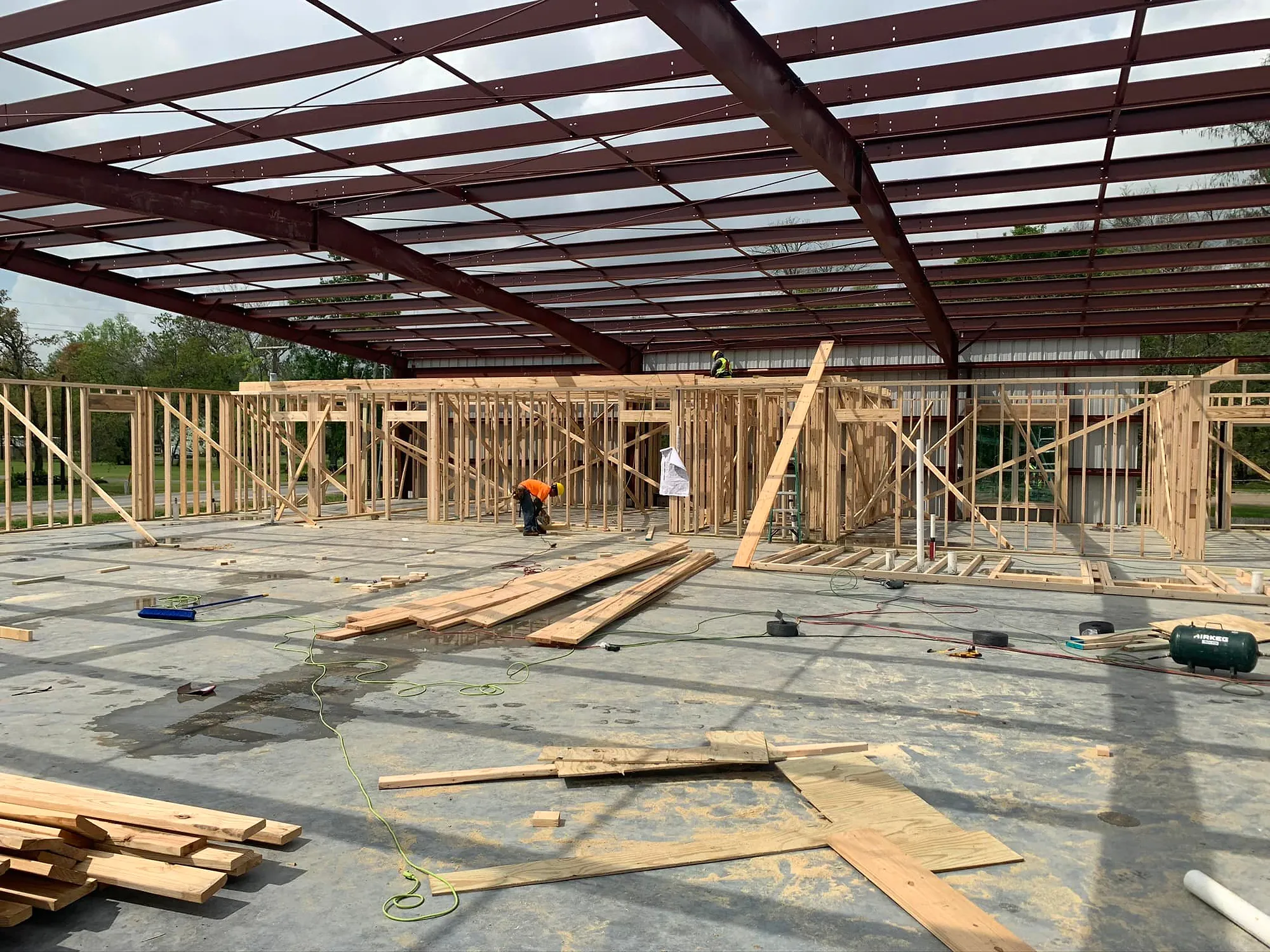 Metal building, framed inside