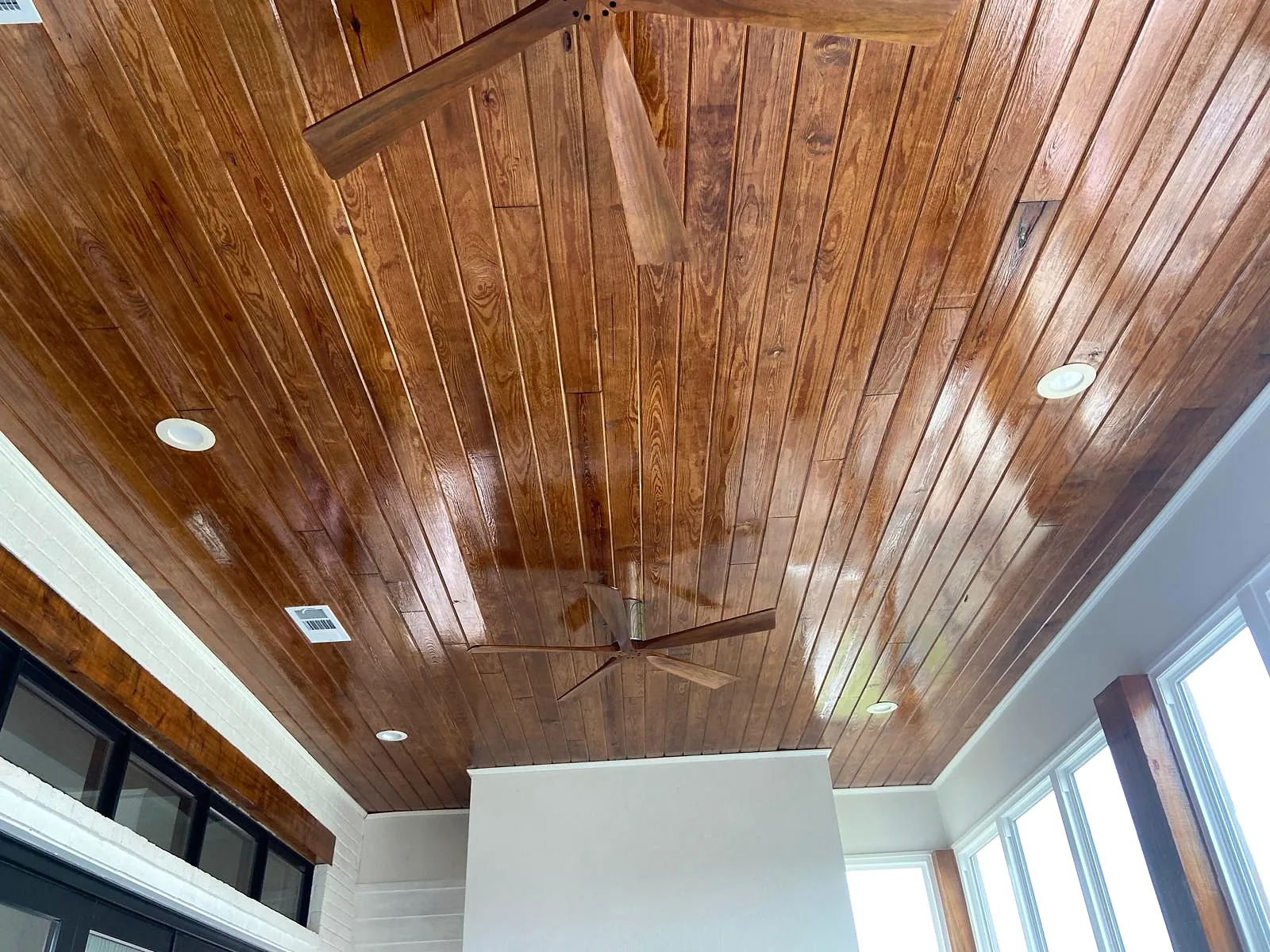 Stained pine porch ceiling